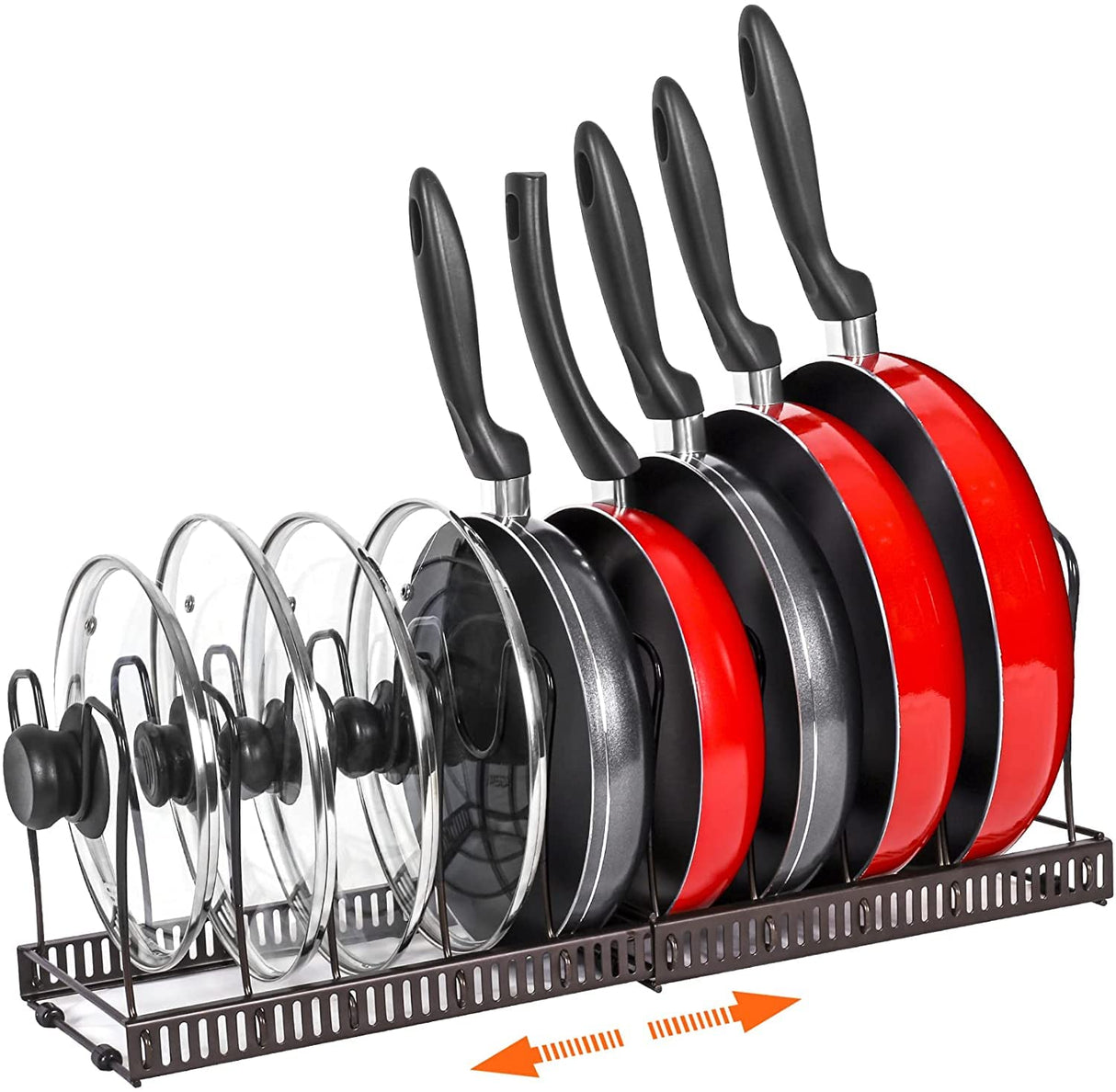 Expandable Pans Organizer Rack, 10 Adjustable Compartments, Cookware Holder for Pantry or Cabinet, Brown (Pan Rack)