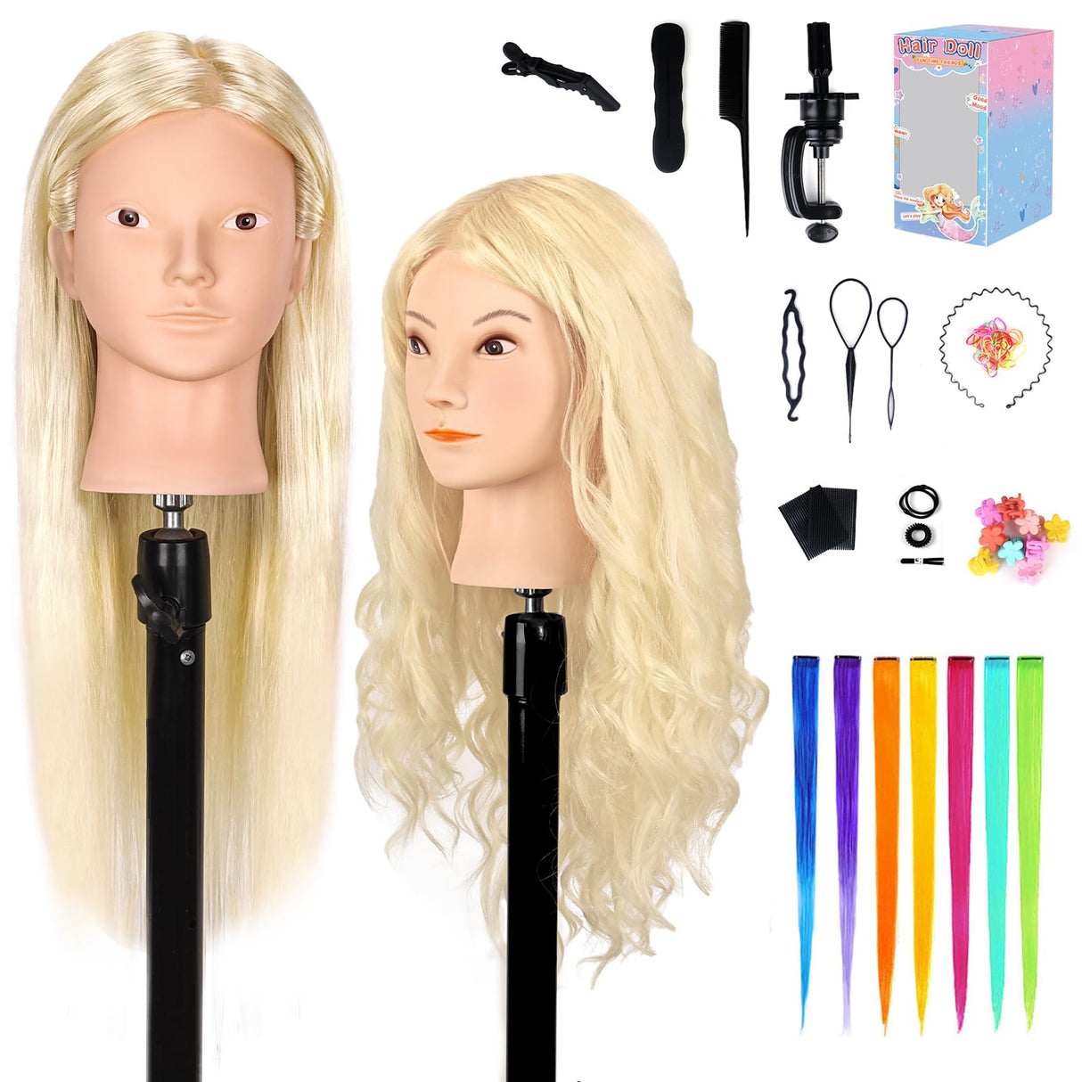 26'' Mannequin Head with Hair, 80% Real Human Hair Hairdresser Practice Training Head Cosmetology Mannequin Manikin Doll Head with Table Clamp Holder + DIY Hair Styling Braid Set (Blonde, No Makeup)