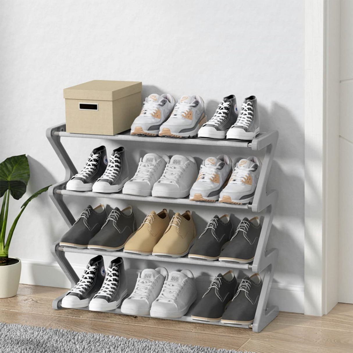 4 Tier Small Shoe Rack, 8-12 Pairs Shoe Tower Rack for Small Space, Free Standing Lightweight Shoe Shelf for Closet Entryway Hallway Living Room (Light Grey)