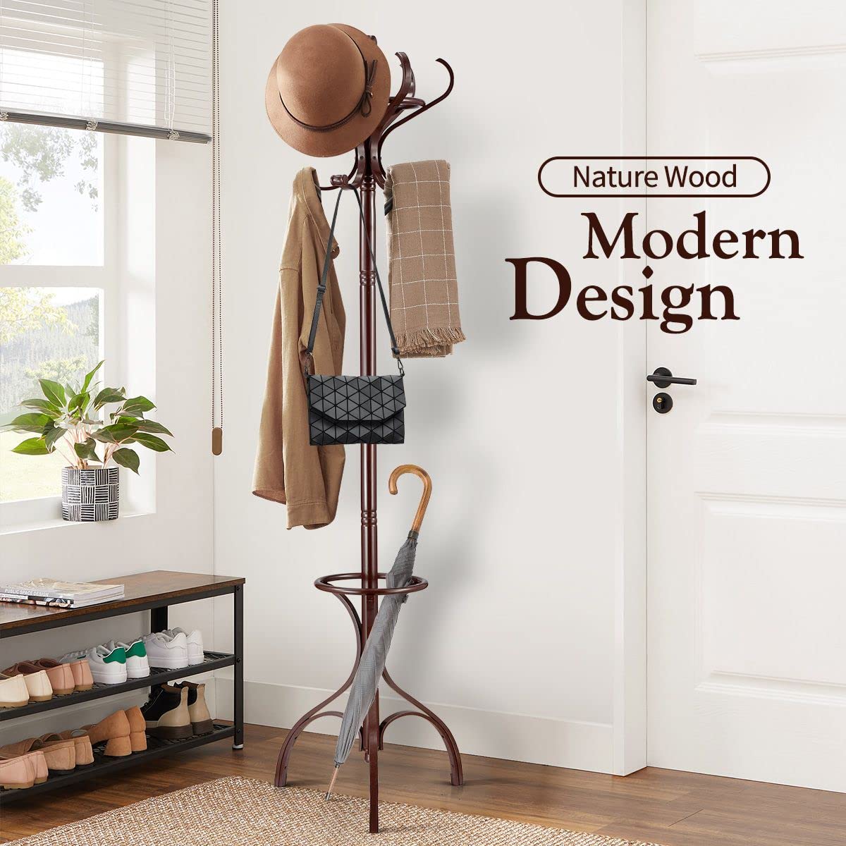 Solid Wood Coat Rack Stand 12 Hooks Freestanding Hall Tree Hanger Organiser for Clothes Hat Jacket Umbrella Walnut Brown