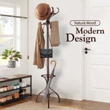 Solid Wood Coat Rack Stand 12 Hooks Freestanding Hall Tree Hanger Organiser for Clothes Hat Jacket Umbrella Walnut Brown