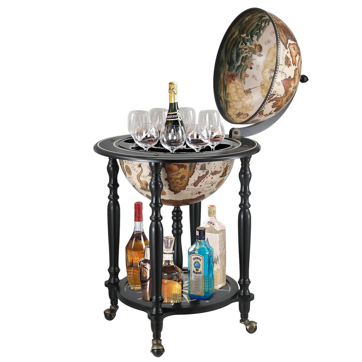 Wooden Globe Bar Antique Drinks Serving Trolley Cart Mini Bar Alcohol Cabinet Wine Storage Rack Mid-Century Style