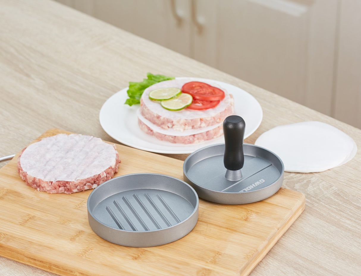 Burger Press, Non-Stick Burger Press Aluminum Hamburger Patty Maker with 100 Wax Papers for BBQ Grill