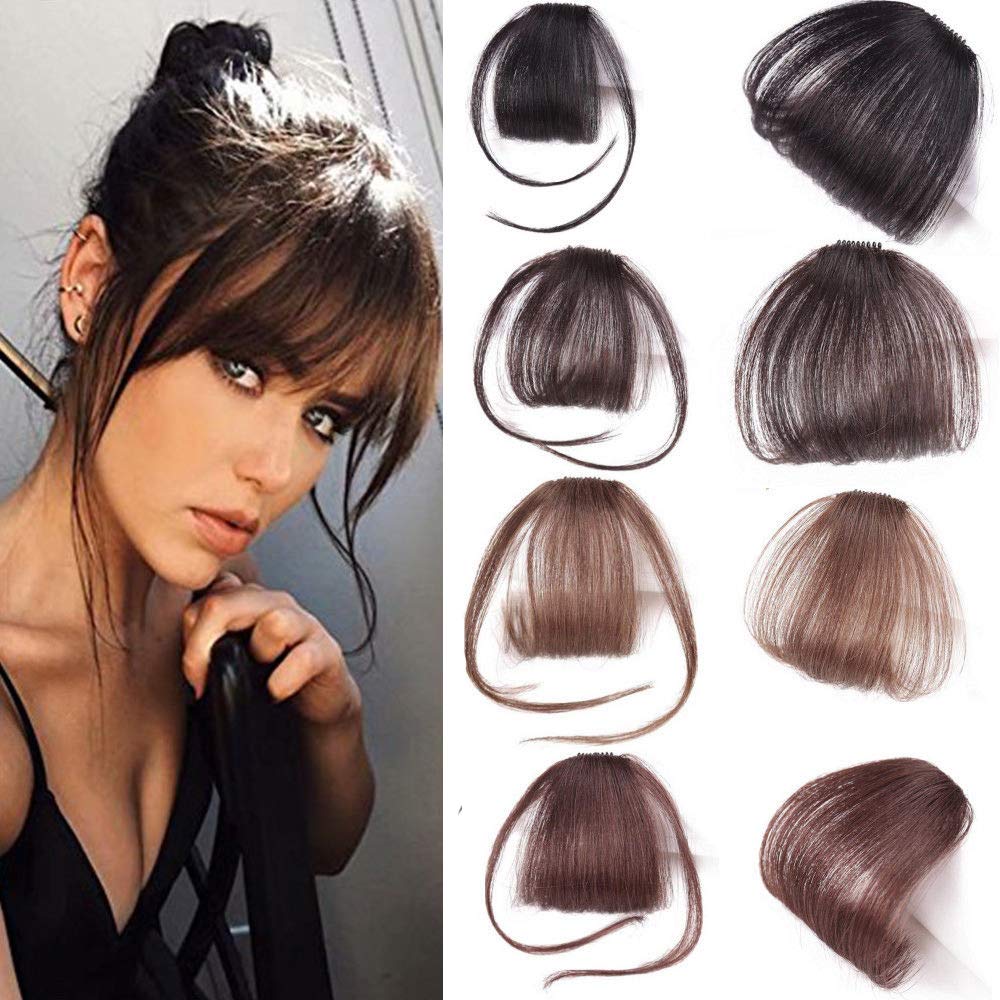 Thin Neat Air Bangs Clip in Hair Extensions Front Neat Bang Fringe One Piece Striaght Hairpiece Accessories (With Sideburn, Dark Brown)