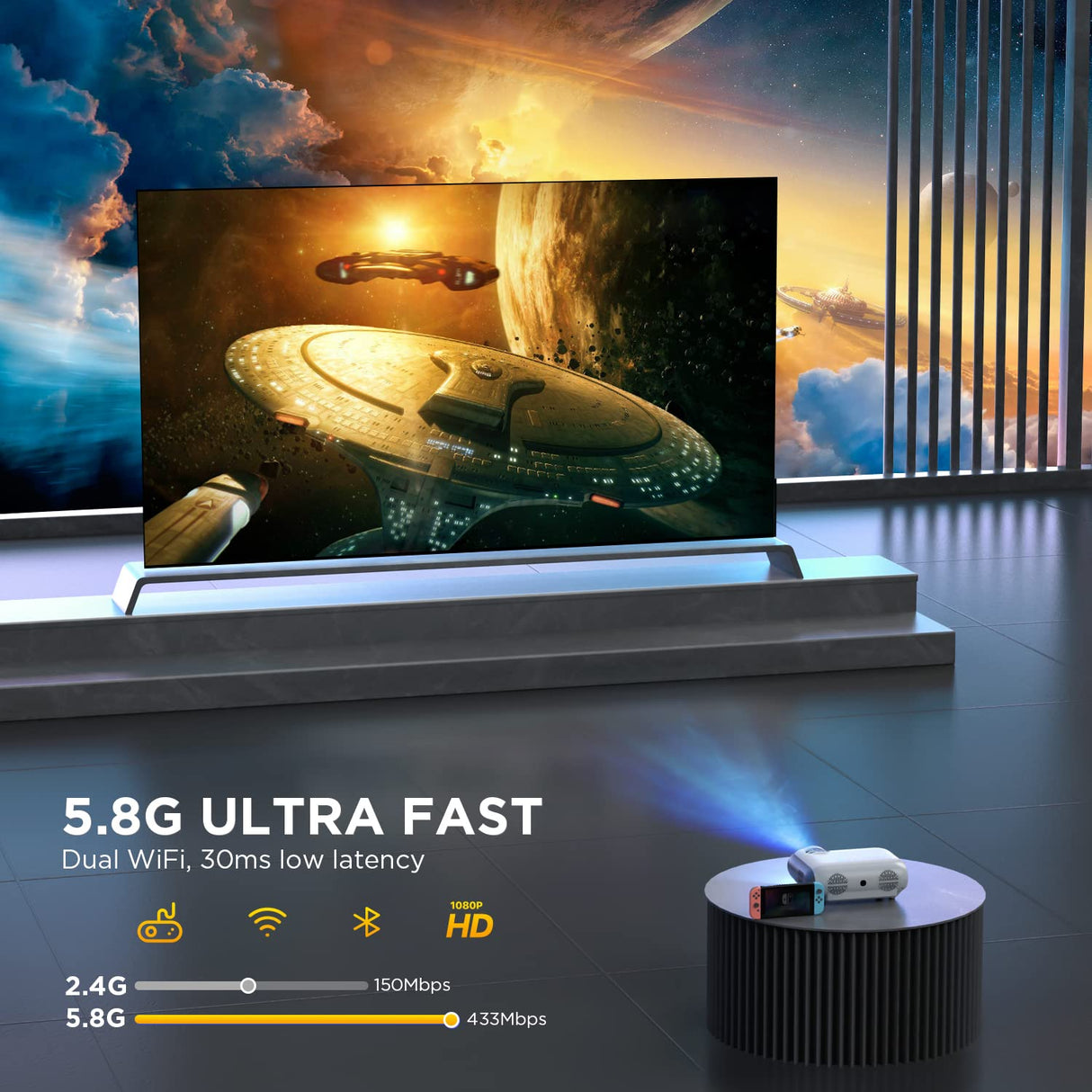 5G+2.4G Mini WiFi Projector, Portable Bluetooth Projector for Outdoor Movies, 8500lm, 1080P Supported, Built-in 8W Bluetooth Speaker, Compatible with TV Stick/PC/Android/iOS/USB/Win10/PS5