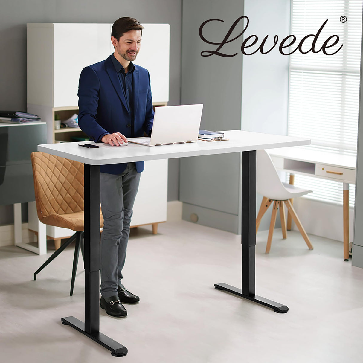 Electric Standing Desk, 120 X 60cm Height Adjustable Sit Stand Desk, 4 Height Memory Home Office Desk, Whole Piece Computer Workstations with Telescopic Frame (Black Top + White Frame)