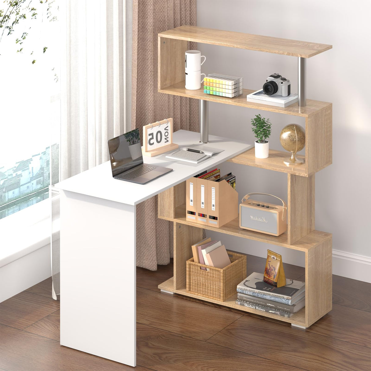 Office Desk Rotating Desk, Wooden Study Desk Table with Storage Shelves, Corner Desk Movable Laptop Table, White & Wood Computer Desk