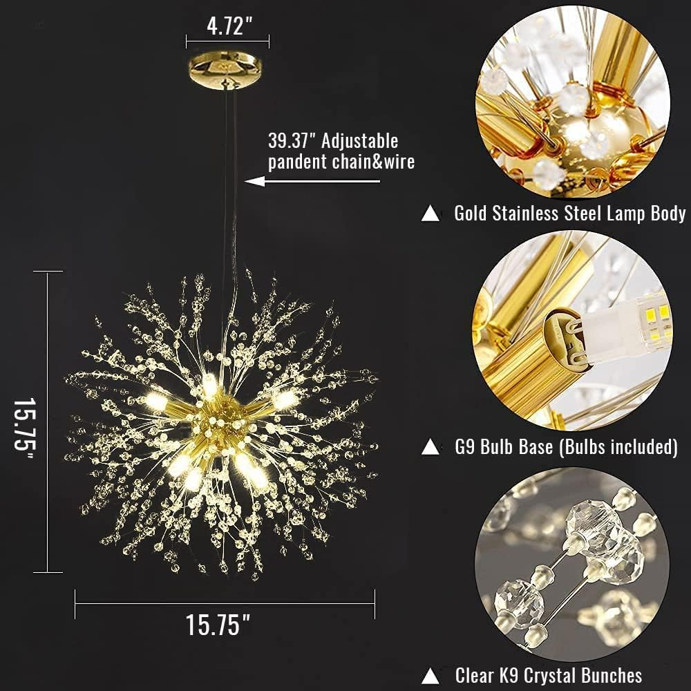 Modern Crystal Chandeliers Firework 8 Lights 40cm Diameter Bulbs Included Sputnik Ceiling Light Fixtures Semi Flush Mount Dandelion Pendant Light for Bedroom Living Dining Room Kitchen Foyer