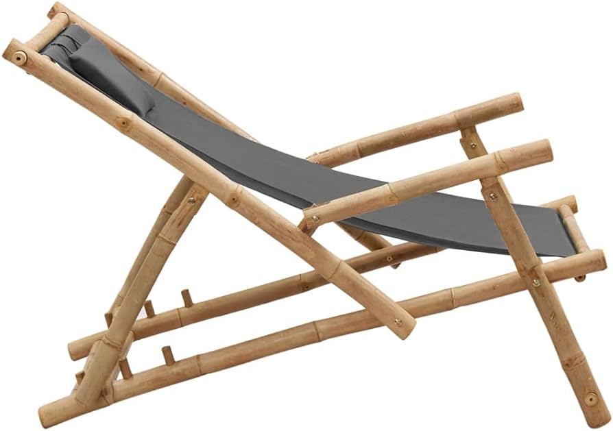 Deck Chair - Adjustable and Foldable Bamboo Garden Chair with Canvas Fabric, Dark Grey, Ideal for Patio/Garden/Terrace