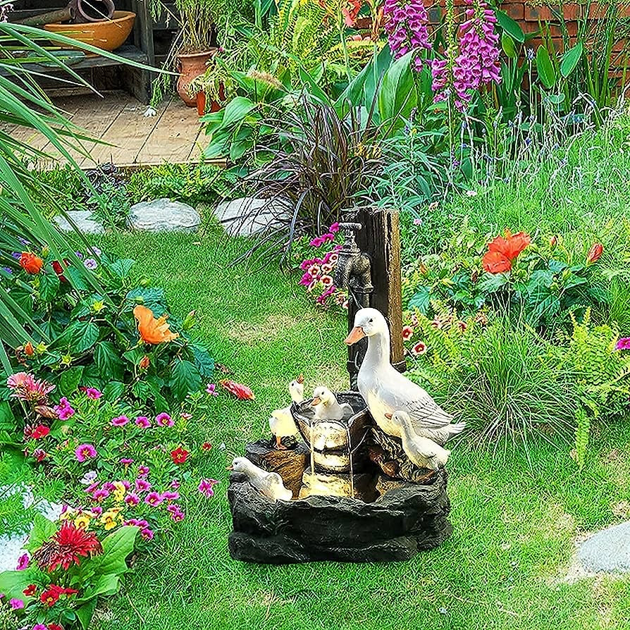 Water Features for the Garden,Animal Garden Statue with Solar Led Lights,Garden & Yard Squirrel Duck Waterfall Fountain,Solar Power Willapa Resin Duck Family Patio Fountain Garden Decoration