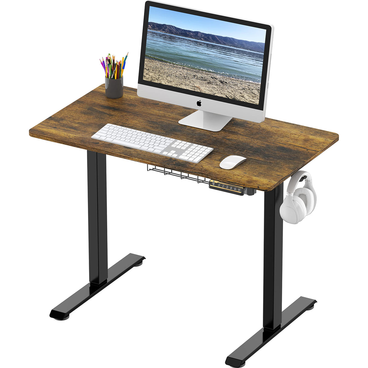 Small Electric Height Adjustable Sit Stand Desk with Hanging Hooks and Cable Management, 40 x 22 Inches, Black Frame and Rustic Brown Top