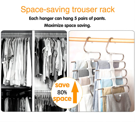 Trouser rack saves space, 2 Pack for S-shaped stainless steel clothes trouser rack, anti-slip design, Anti-Slip Design,Clothes Closet Storage Organizer for Pants Jeans Trousers Skirts Scarf