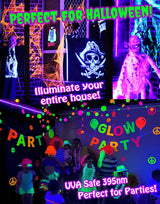 Black Lights for Glow Party! 115W Blacklight LED Strip kit. 4 UV Lights to Surround Your neon Party. Ultraviolet Lighting for Big Rooms. Easy Set up! Glow in The Dark Party Supplies. Halloween Decor