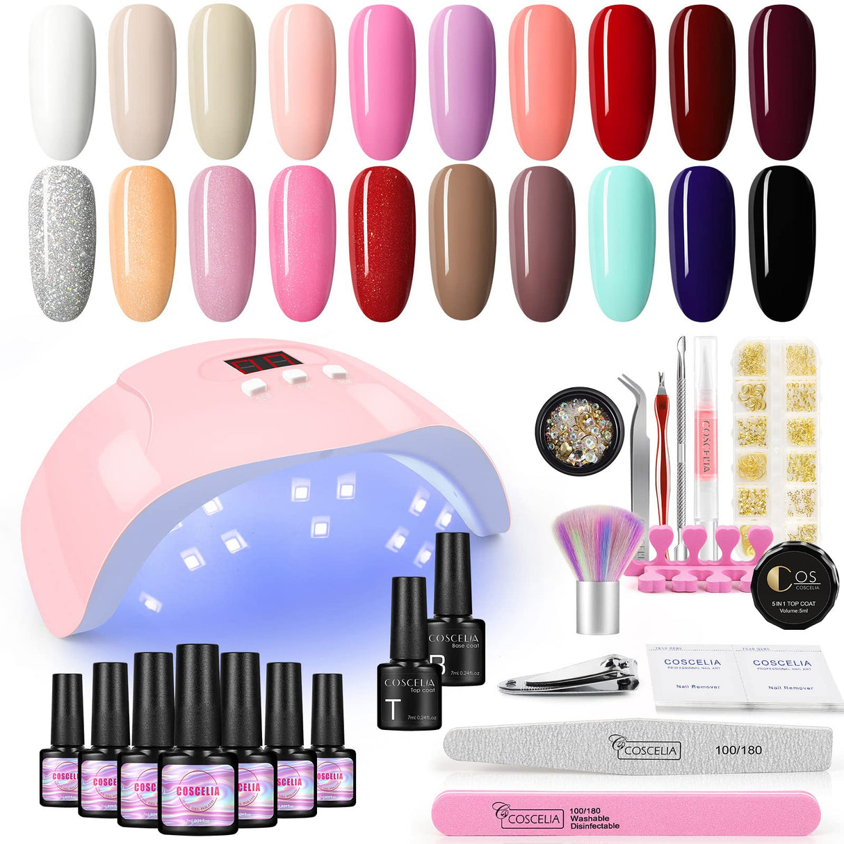 20 Pcs Gel Nail Polish Kit,36W LED+UV Nail Dryer,White Nude Pink Red Black Gel Nail Polish Base and Top Coat,Nail Art Decoration Manicure Tools for Nail Salon Home DIY