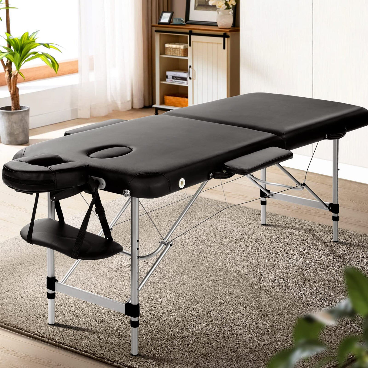 Massage Table 75cm Portable Aluminium 2 Fold Black Treatment Beauty