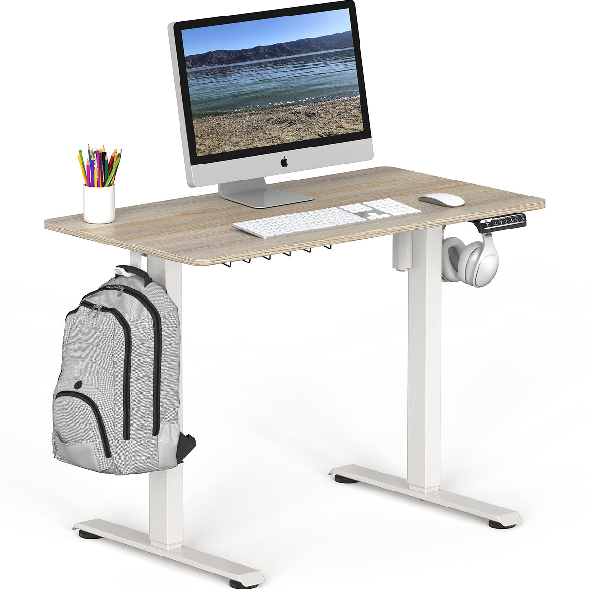 Height Adjustable Electric Standing Desk, 40 x 22 Inches Stand up Table, Ergonomic Home Office Desk with Memory Controller, White Frame and Maple Top