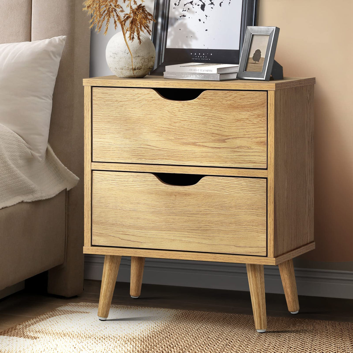 Bedside Table with 2 Drawers, Wooden Side Table Nightstand Home Storage Furniture Wood