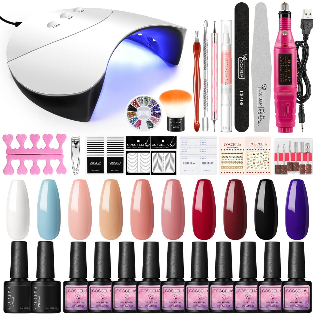 Gel Nail Polish Kit with Nail Drill Machine,10 Pcs Gel Nail Polishes 36W LED+UV Nail Dryer Lamp, Gel Polish Set Base Coat Top Coat with Manicure Tools Starter Kit Complete