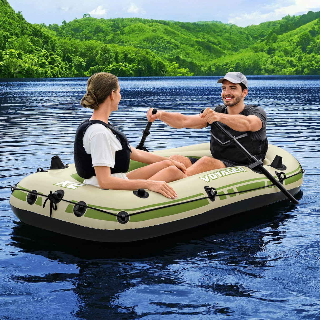 2 Man Inflatable Boat Blow Up Fishing Rowing Rafting Water Sport Paddling Floating Air Canoe Diving River Raft with Oars Hand Pump Carry Bag