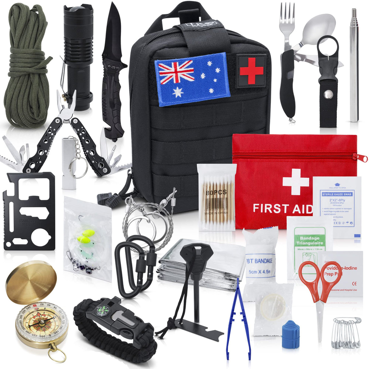 Outdoor Professional Survival Kit - 20 in 1 Tactical Gear for Camping Hunting Hiking and Adventures | Equipment Including First Aid Kit, Knife, Flashlight + Tools | Gifts for Men Dad Husband