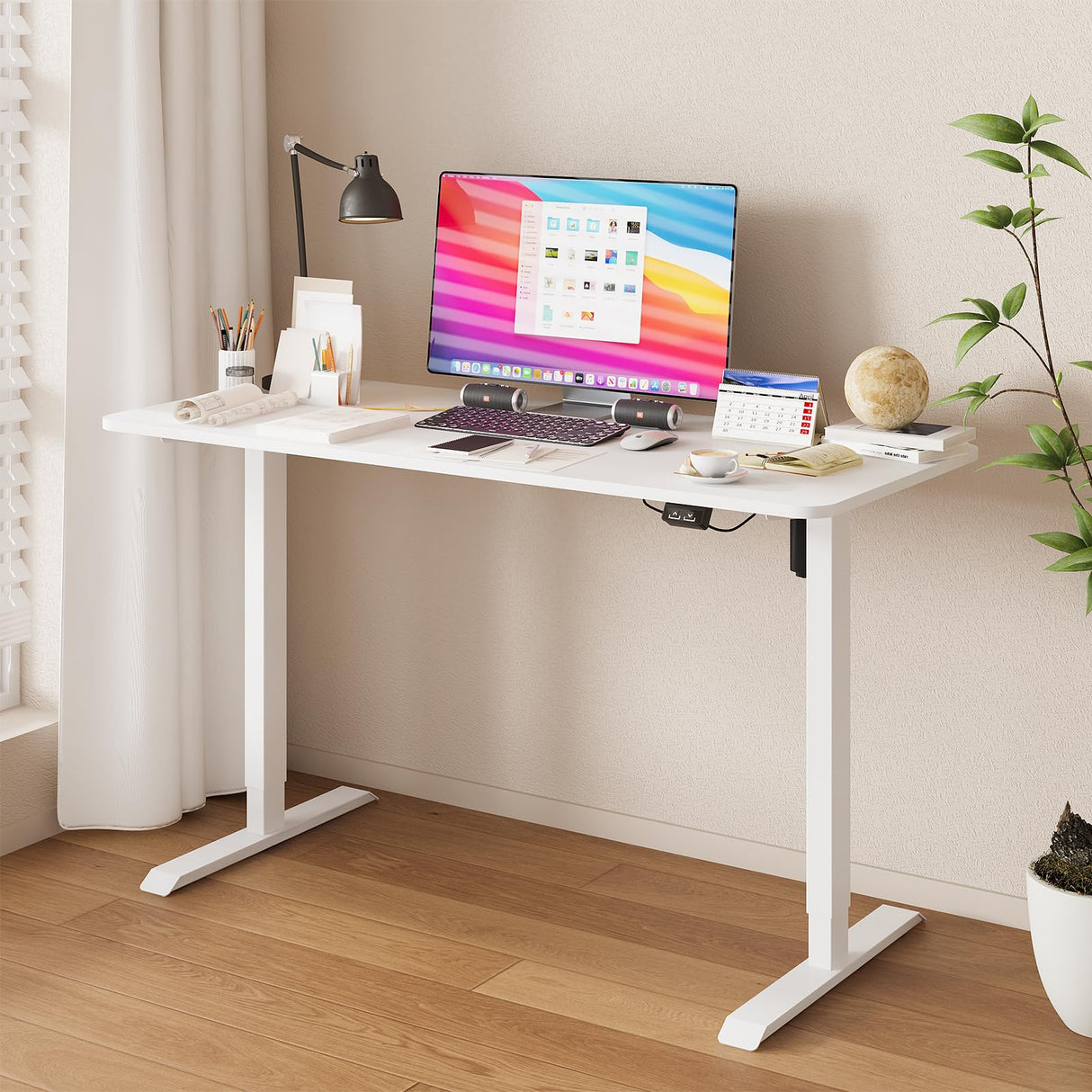 Electric Standing Desk,Ergonomic Sit Stand Desk Height Adjustable Motorised Home Office Computer Workstation 120cm White Desktop and White Frame