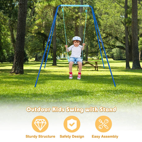 Kids Swing Set, A-Frame Swing Sets for Backyard w/Ground Stakes, Non-Slip Seat, Kids Swing Frame Stand with Swing Seat Great for Indoor Outdoor Garden Playground (Blue)