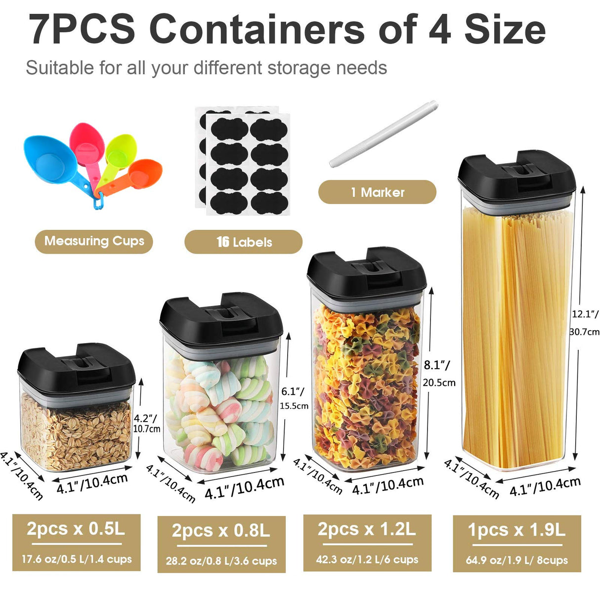 Airtight Food Storage Container Set，7 Pieces BPA Free Plastic Kitchen Organization and Storage with Easy Lock Black Lids Labels/Spoons/Pen，for Dry Food, Flour, Sugar, Pasta, Cereal