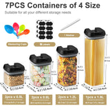 Airtight Food Storage Container Set，7 Pieces BPA Free Plastic Kitchen Organization and Storage with Easy Lock Black Lids Labels/Spoons/Pen，for Dry Food, Flour, Sugar, Pasta, Cereal