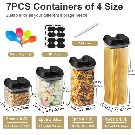 Airtight Food Storage Container Set，7 Pieces BPA Free Plastic Kitchen Organization and Storage with Easy Lock Black Lids Labels/Spoons/Pen，for Dry Food, Flour, Sugar, Pasta, Cereal