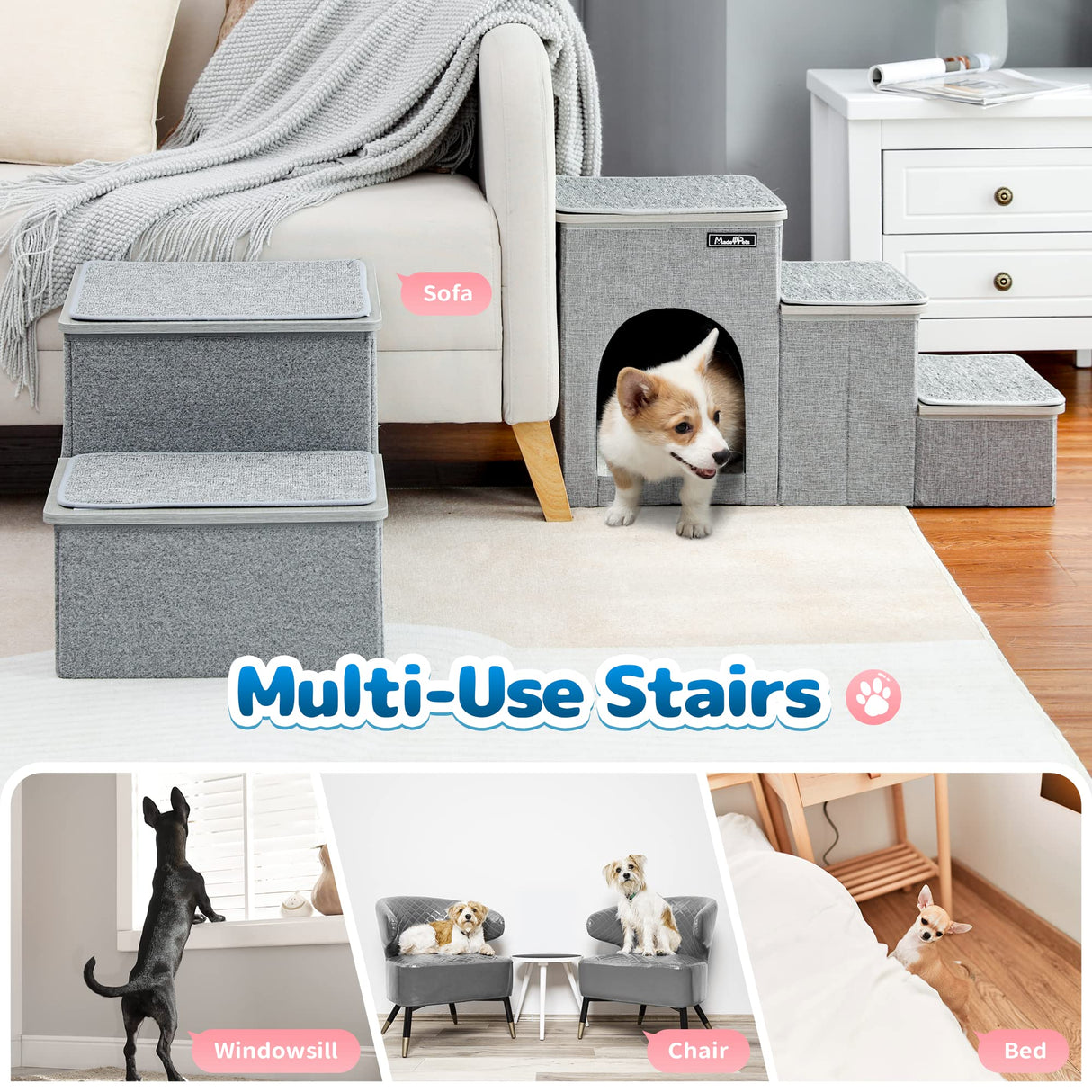 Dog Stairs for High Beds, Small Dogs Pet Steps Stool to Get on Bed, Cat Stairs Ladder, Puppy Toy Storage Folding Doggie Ramp for Couch, Car, Home, 3 Step