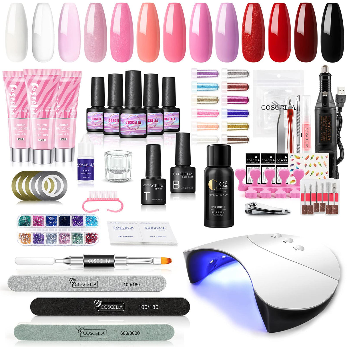 Gel Nail Polish Set with Nail Drill Machine and 36W LED U V Nail Dryer 10 Colors Gel Nail Polish 3 Pcs Poly Nail Gel with Slip Solution Nail Glitter Powder with Manicure Tools for Nail Design