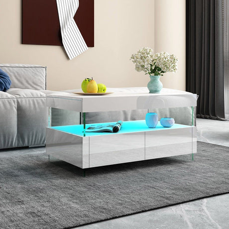 Luxsuite Coffee Table LED High Gloss Rectangle with 2 Drawers 16 LED Colours Living Room Storage Modern Furniture