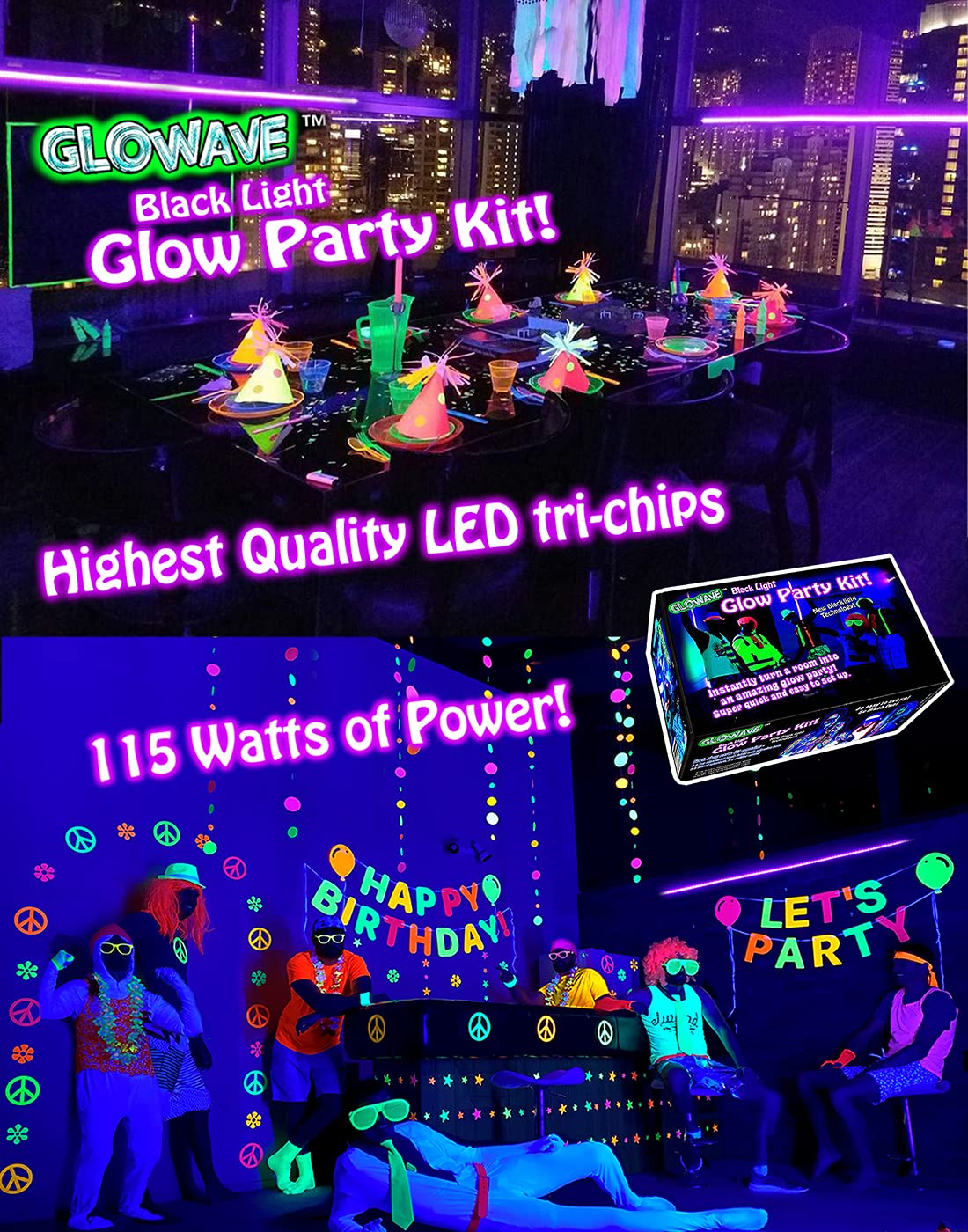 Black Lights for Glow Party! 115W Blacklight LED Strip kit. 4 UV Lights to Surround Your neon Party. Ultraviolet Lighting for Big Rooms. Easy Set up! Glow in The Dark Party Supplies. Halloween Decor