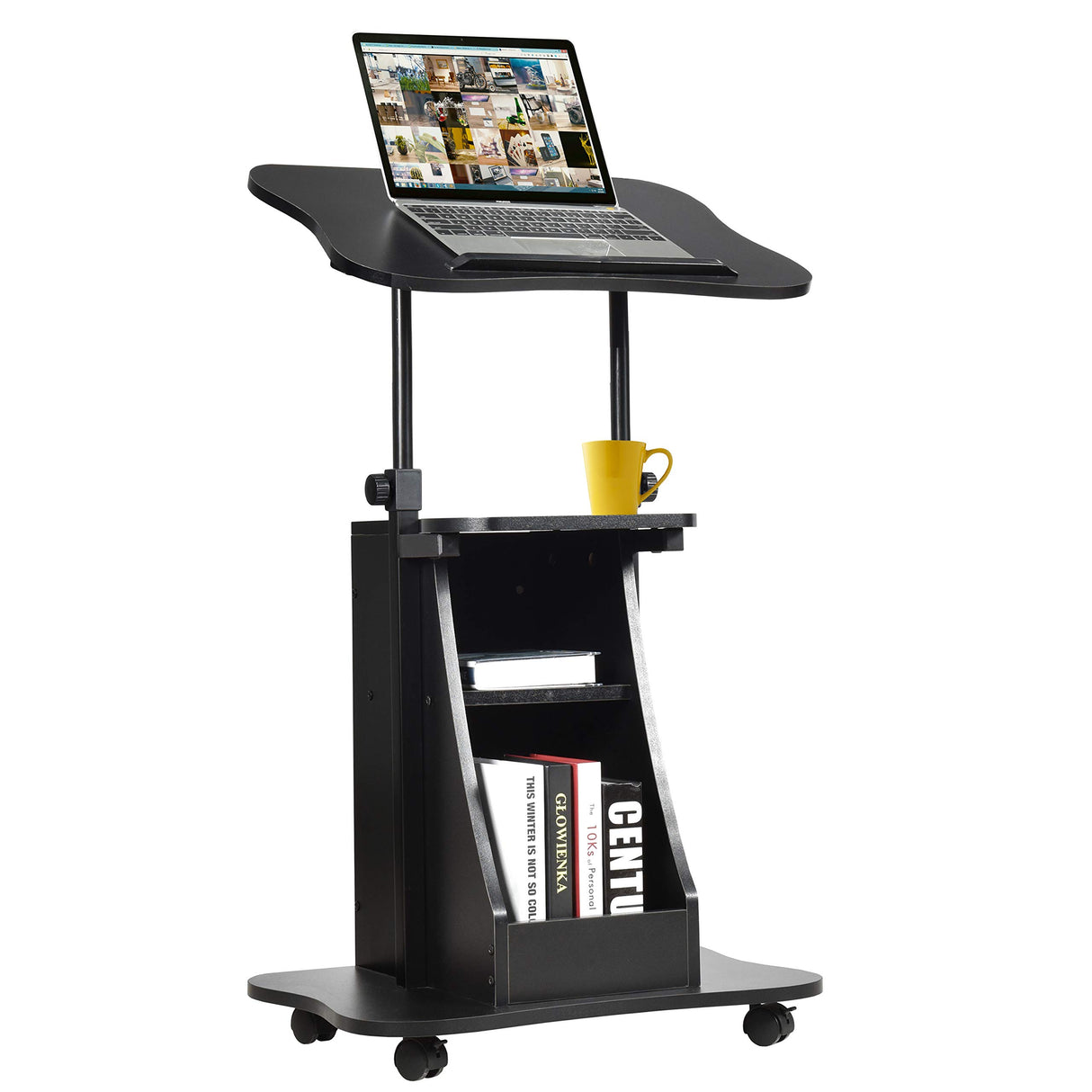 Mobile Laptop Desk, Height Adjustable Computer iPad PC Stand Table w/Wheels & Storage, Mobile Podium Stand, Sit-to-Stand Rolling Stand Laptop Desk Cart for Home Office Classroom, Black