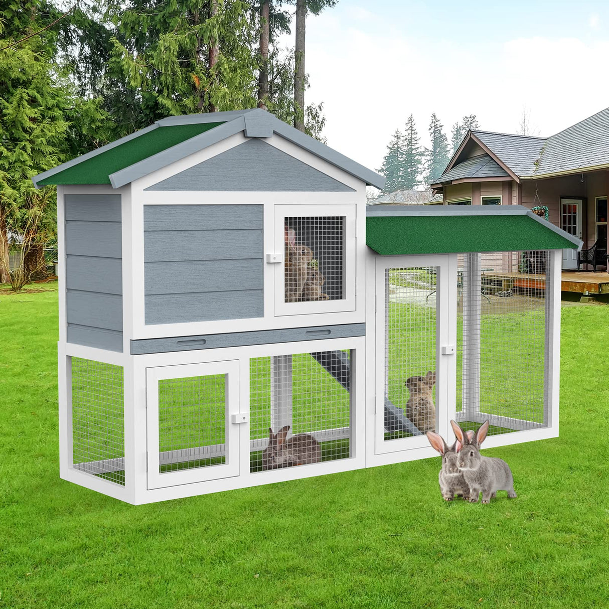 Rabbit Hutch Chicken Coop Waterproof Bunny Cage Outdoor Large Pet House Grey 145.5x45x85cm