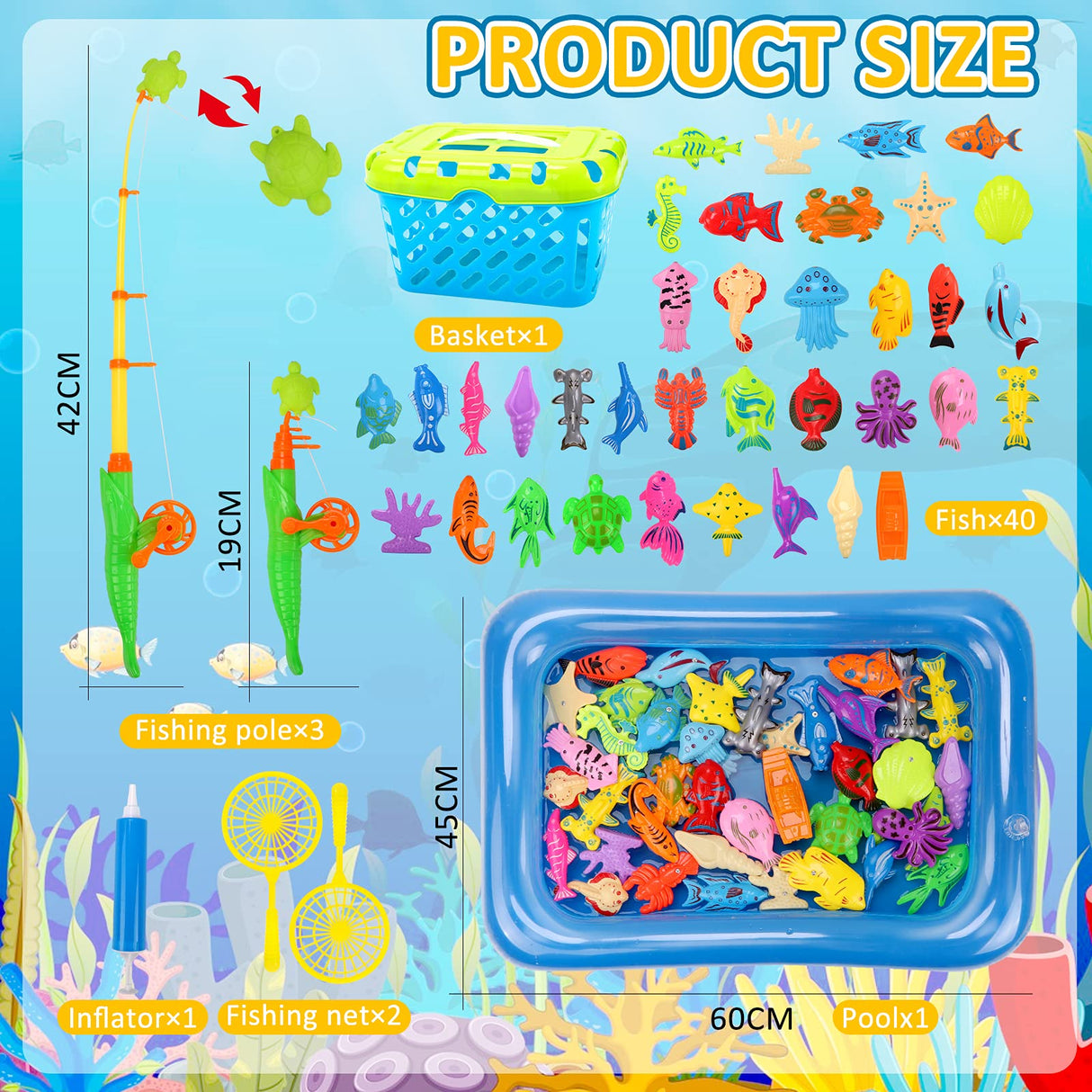 Kid Toys 52PCS Fishing Game,Magnetic Toys with Ocean Sea Animal,Fishing Poles,Nets,Inflatable Pool,Toddlers Bathtub Outdoor Carnival Party Toy,Gifts for Kids 3 4 5 6 Years Old(with Basket)