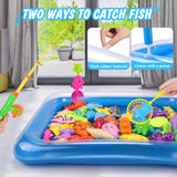 Kid Toys 52PCS Fishing Game,Magnetic Toys with Ocean Sea Animal,Fishing Poles,Nets,Inflatable Pool,Toddlers Bathtub Outdoor Carnival Party Toy,Gifts for Kids 3 4 5 6 Years Old(with Basket)