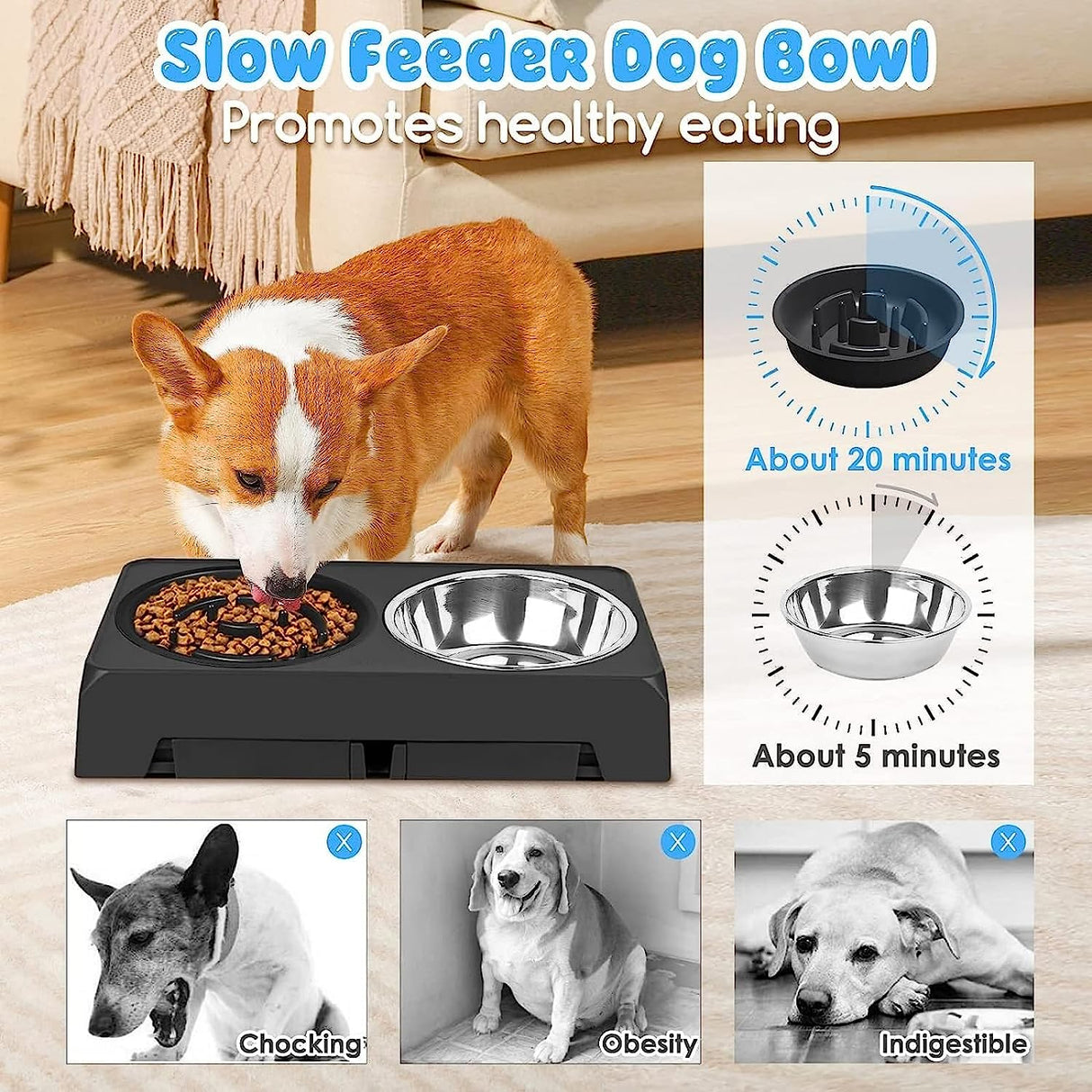 Elevated Raised Slow Feeder Dog Bowls, 4 Height Adjustable Dog Bowls Sstand with Stainless Steel Dog Water Bowl and Dog Slow Feeder Non-Slip Dog Food Bowls for Large Medium Small Dogs and Pets (Black)