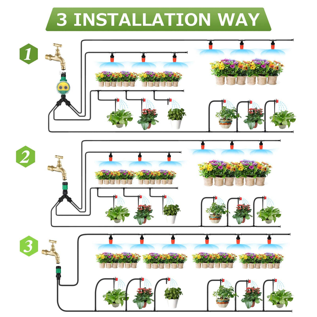 Drip Irrigation Kit 82ft/25M Irrigation System with Timer and Adjustable Shunt Tube Automatic DIY Patio Misting Plant Watering System with Tubing Hose Nozzles Connectors Sprinkler Barbed Fittings