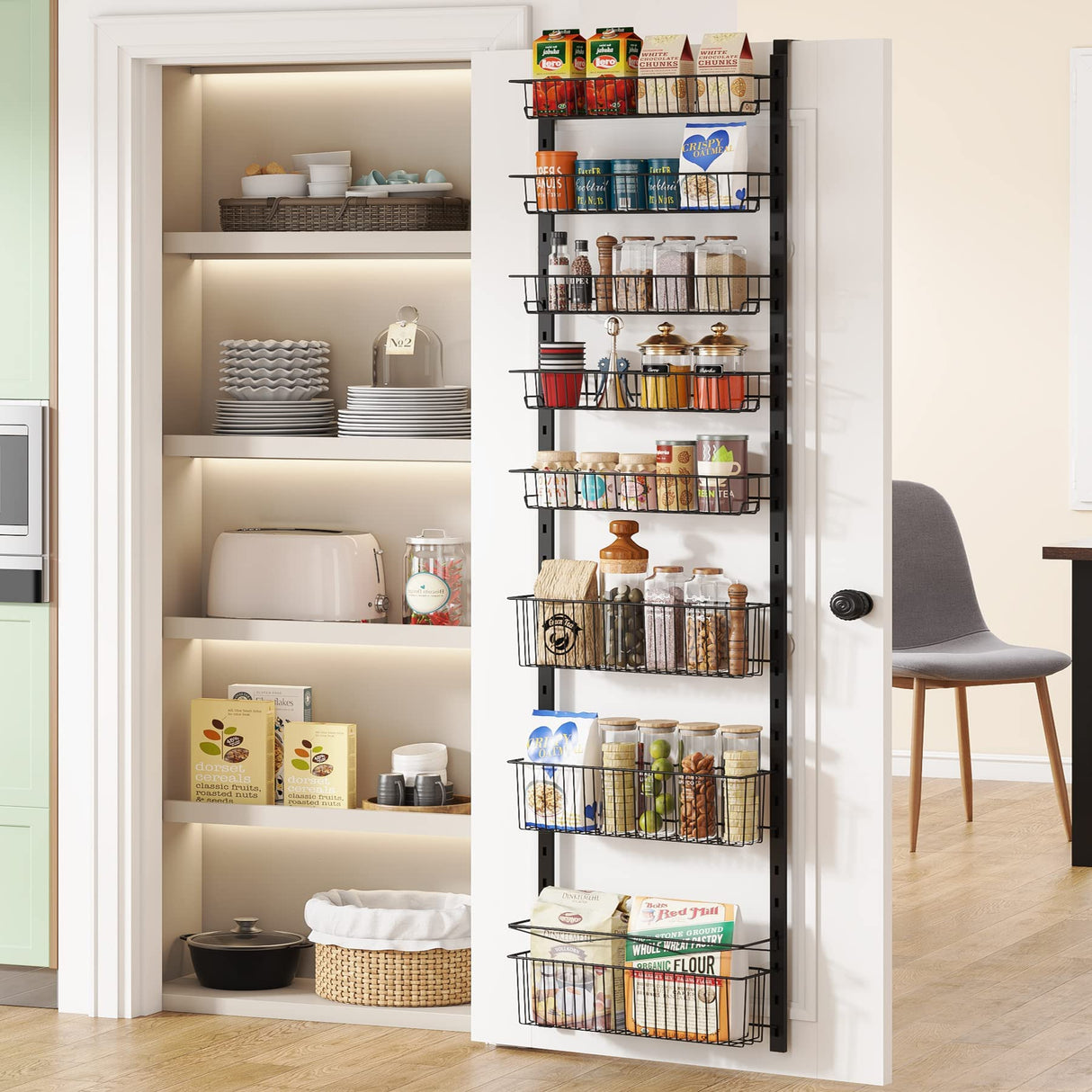 Over the Door Pantry Organizer, 8-Tier Adjustable Baskets Pantry Organization and Storage, Metal Door Shelf with Detachable Frame, Space Saving Hanging Spice Rack for Kitchen Pantry Bathroom