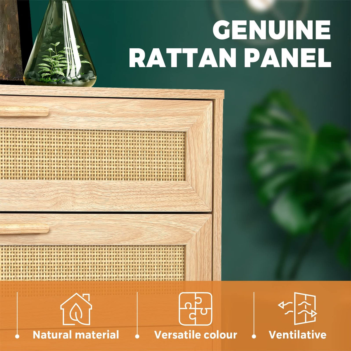 Rattan Chest of Drawers Sideboard Tallboy Floor Storage Cabinets Hallway Table with 3 Drawer Clothes Cupboard Shelf Bedroom Furniture