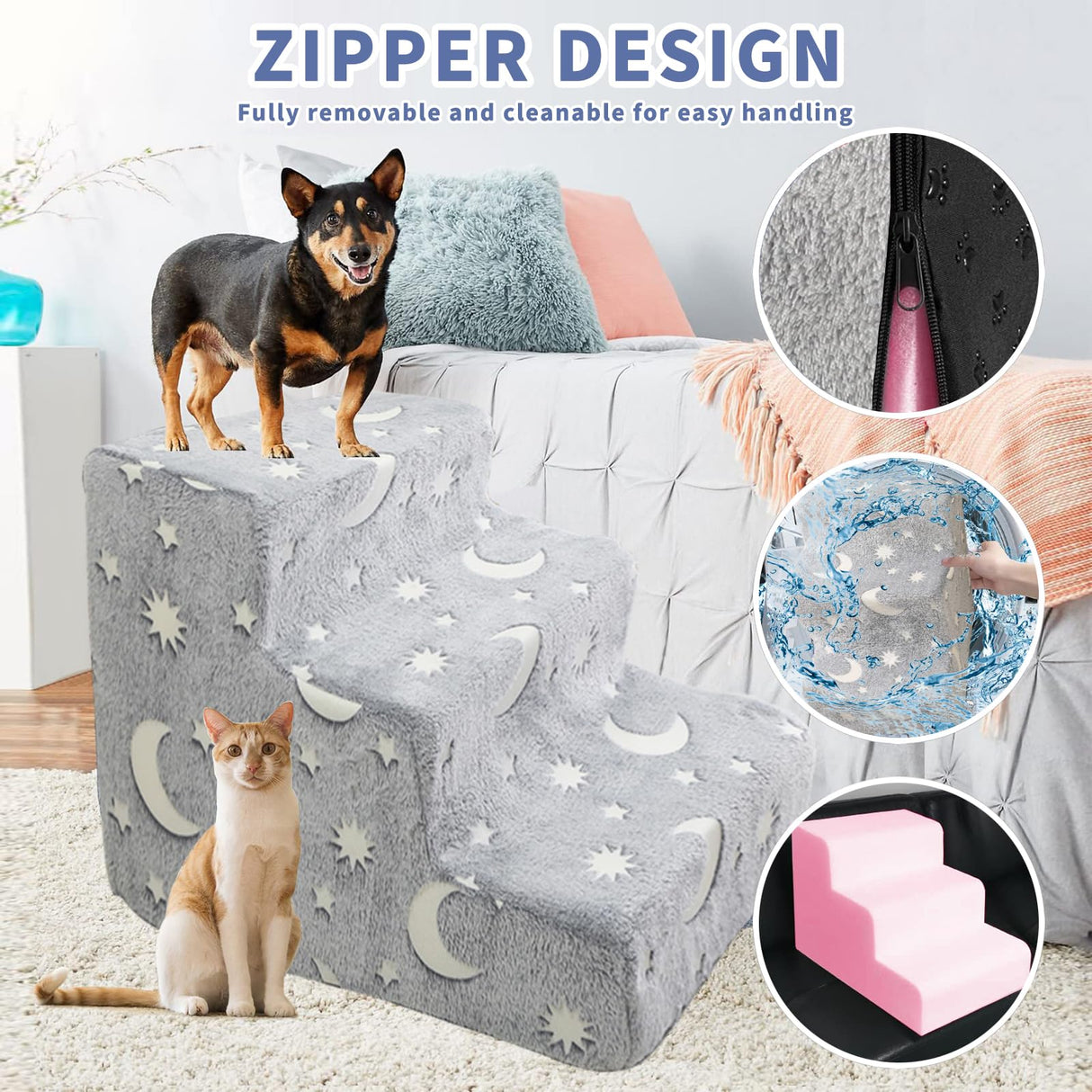 Pet Stairs for High Beds and Couch, 3-Step Pet Stairs, High-Density Foam, Non-Slip Washable Cover