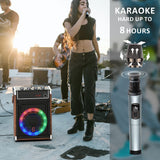 Karaoke Machine with Two Wireless Microphones, Bass/Treble Adjustment and LED Light, Support TWS, AUX In, FM Radio, REC, Supply for Party/Meeting/Wedding - Wood Grain