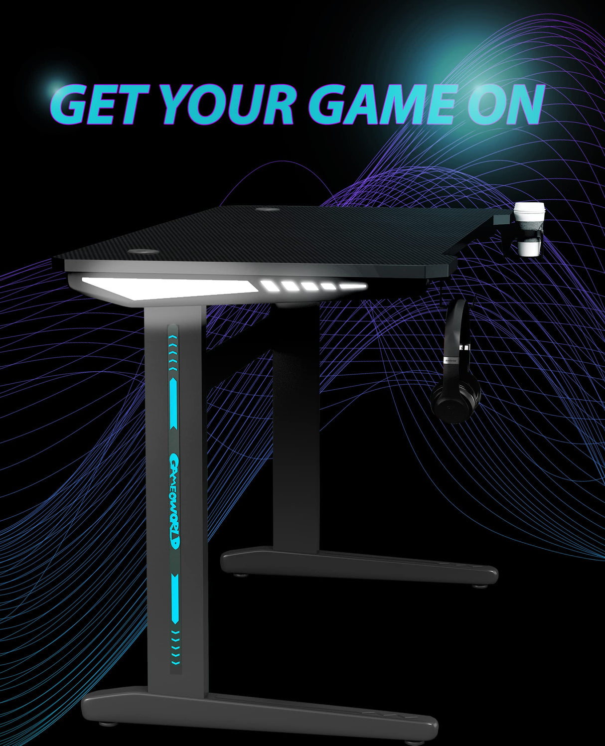 Ergonomic Gaming Desk L Shaped Office PC Computer Gaming Desk Gamer Tables Pro with RGB LED Lights Controller Stand Cup Holder Headphone Hook (120 x 60 x 74cm)