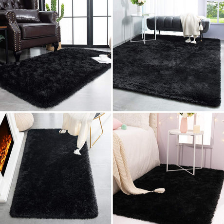 Super Soft Shaggy Rugs Fluffy Carpets, 4x5.9 Feet, Indoor Modern Plush Area Rugs for Living Room Bedroom Kids Room Nursery Home Decor, Upgrade Anti-Skid Durable Rectangular Fuzzy Rug, Black