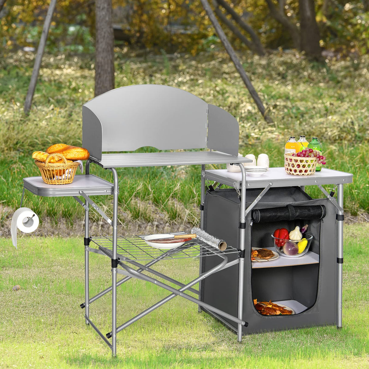 Outdoor Camping Table with Storage, Aluminium Folding Camp Kitchen with Windscreen, Zippered Storage Bag, Carrying Bag, Lightweight & Portable Picnic Grill Table for BBQ, Camping(Grey)