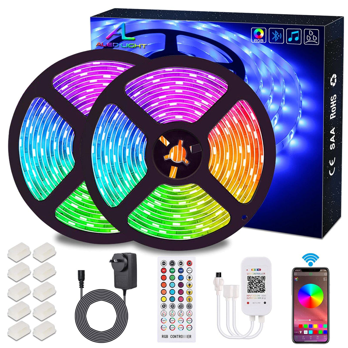 LED Strips Lights, ALED LIGHT 5050 RGB 2x5 Meters LED Strip Lights 12V Waterproof Light Band With Remote