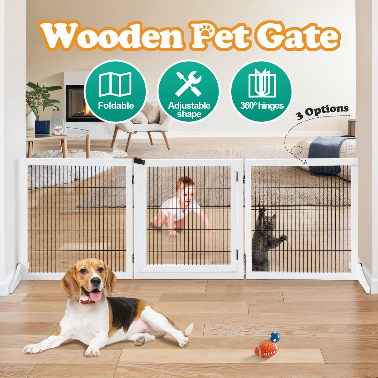 Wooden Dog Pet Fence 3 Panels DIY Shape,Foldable Puppy Gate Safety Guard,Indoor Pet Playpen Foldable Cat Barrier Protection Net Stair Partition,White