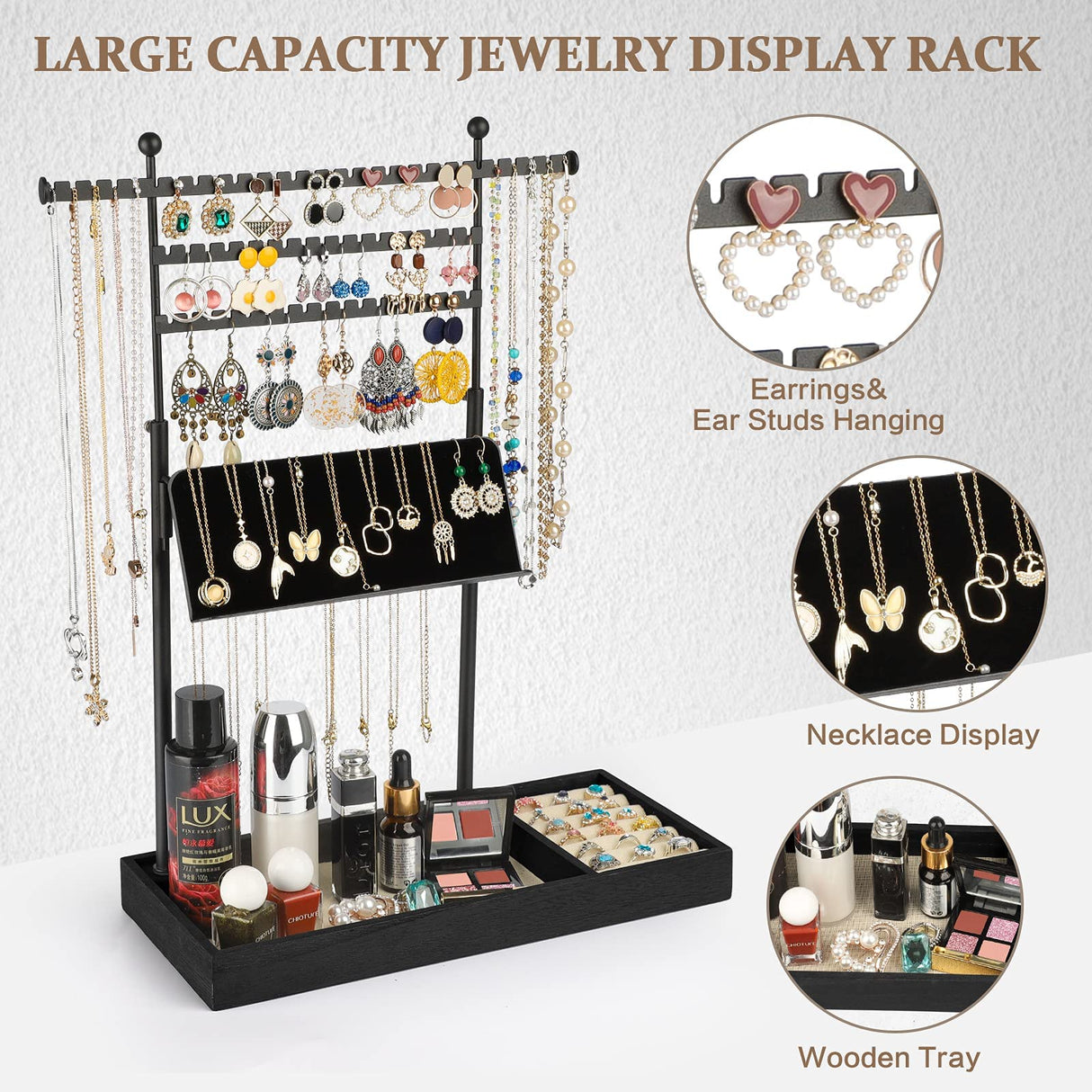 Jewelry Organizer Stand, Jewelry Stand with Necklace Display Holder 3 Tier Earring Organizer Rustic Base Tray with Ring Stand Necklace Stand Tower for Women Girls Gift