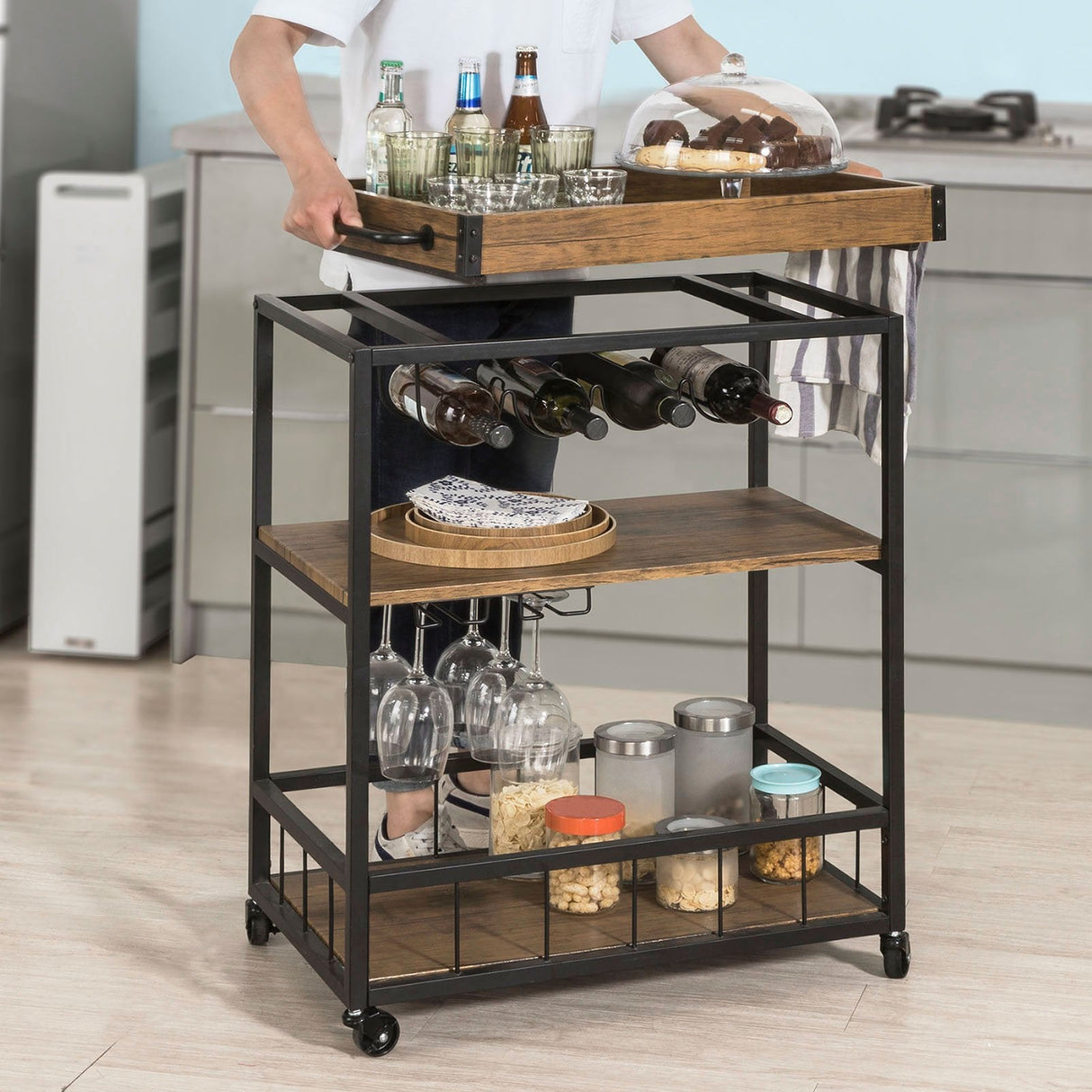 Industrial Vintage Style Wood Metal 3 Tiers Kitchen Serving Trolley with Wine Rack